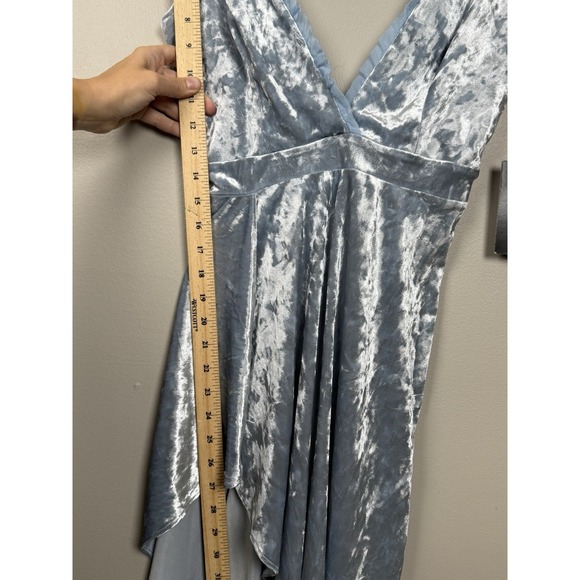 Truth + Wisdom Baby Blue Velvet Silk Dress V-Neck Asymmetrical Midi Bow Back XS - Picture 11 of 13